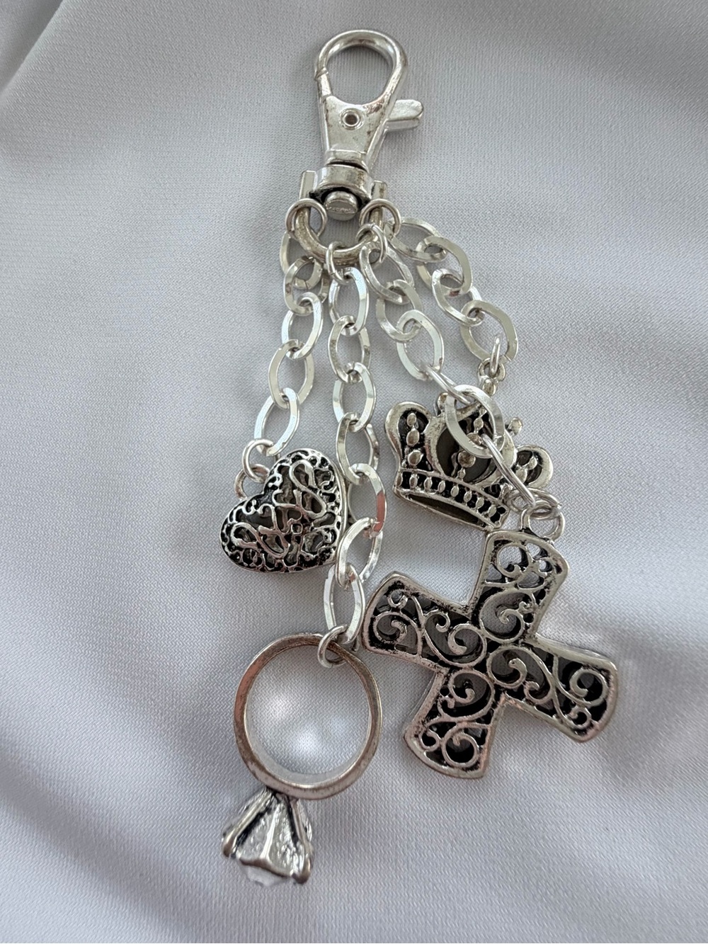 Silver-Tone Filigree Cross & Charm Keychain - Silver